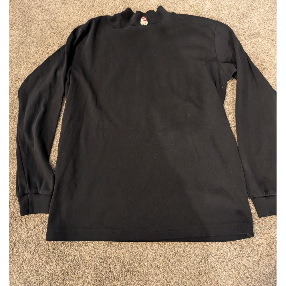 Woolrich Womens Black Mock Neck Snowman Embroidered Cotton Top Size M
